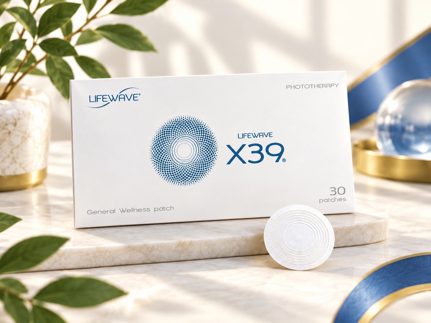 LifeWave X39 box and patch on a marble countertop